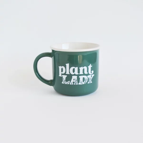 green mug with the words "plant lady"